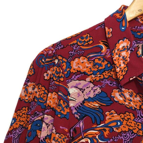 Anthropologie Maeve Bird Print Button Down Shirt Ruffle Tie Cuff  Boho Blouse 4 - Picture 4 of 16